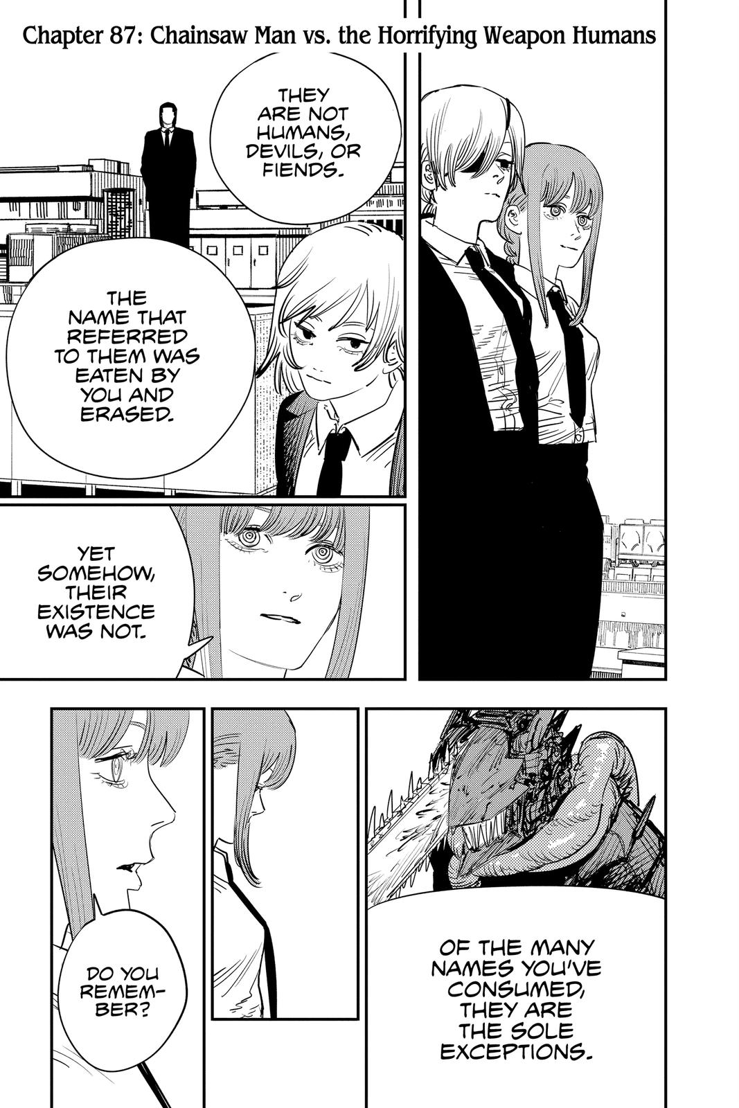 Chainsaw Man Manga Chapter 87 page 1 - Chainsaw Man Vs. the Horrifying Weapon Humans